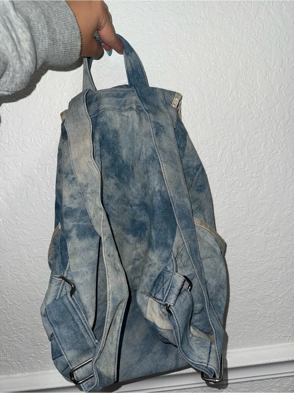 Justice Denim Blue Rhinestone Drawstring Backpack with Holographic Trim
